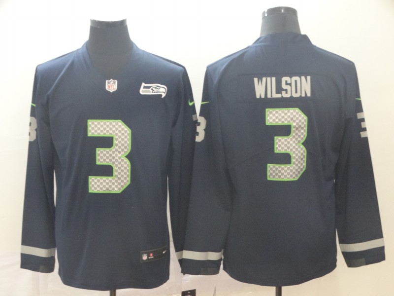 Men's Seattle Seahawks #3 Russell Wilson Navy Scarlet Therma Long Sleeve Stitched NFL Jersey
